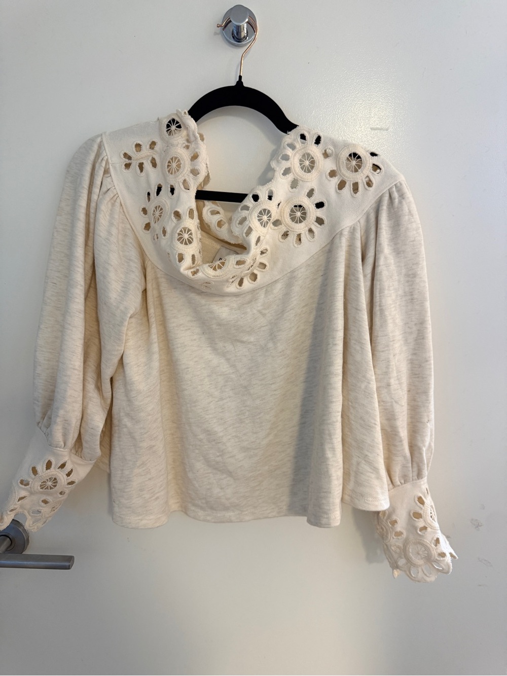Maeve Cream Eyelet-Trim Puff Sleeve, sweatshirt off the shoulder
